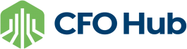 Logo of CFO Hub featuring a green hexagonal icon on the left with abstract lines representing buildings or growth, next to the text "CFO Hub" in dark blue.