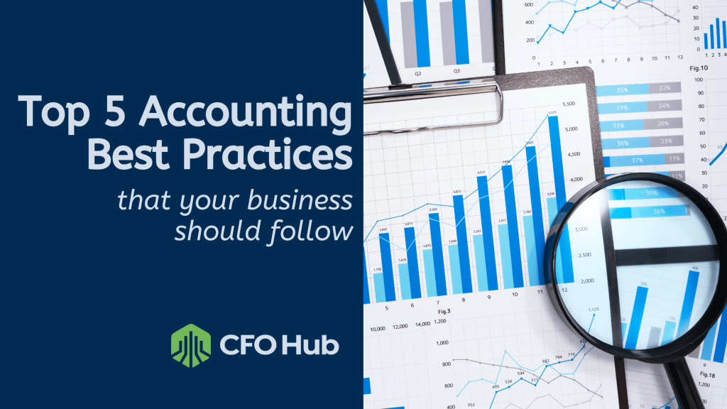Image featuring "Top 5 Accounting Best Practices that your business should follow" by CFO Hub. The right side shows various financial graphs and charts with data. A magnifying glass is placed over the charts, emphasizing the importance of detailed financial analysis.