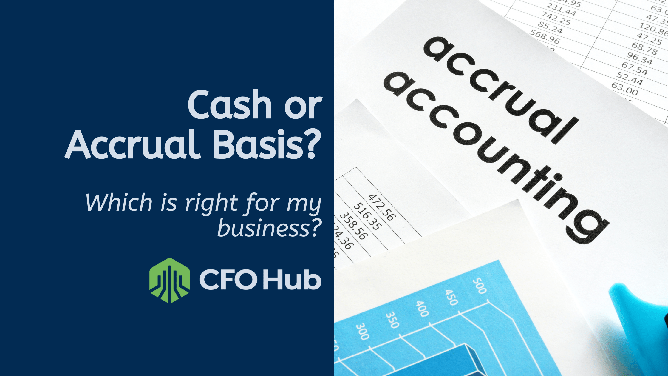 A graphic with text "Cash or Accrual Basis? Which is right for my business?" accompanied by the CFO Hub logo. The right side shows accounting documents, including a spreadsheet and a paper labeled "accrual accounting," with a pen lying on top, highlighting essential business accounting methods.