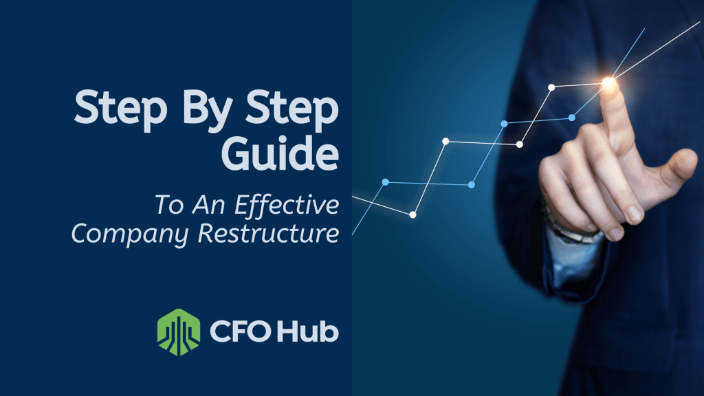 A banner titled "Step By Step Guide To An Effective Company Restructure" from CFO Hub. The image shows a person in a blue suit pointing to a graph with glowing points, symbolizing growth and progress.