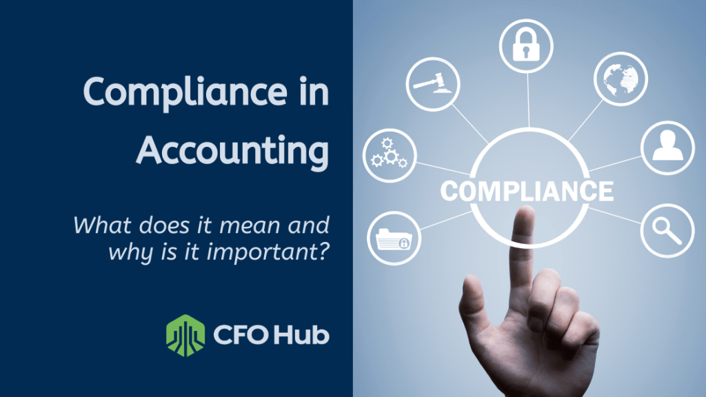 A two-part image, with the left half showing the text "Compliance in Accounting: What does it mean and why is it important?" and the "CFO Hub" logo. The right half shows a hand pointing at a network of icons around the word “COMPLIANCE,” including a checklist, lock, and gears, highlighting Compliance in Accounting importance.