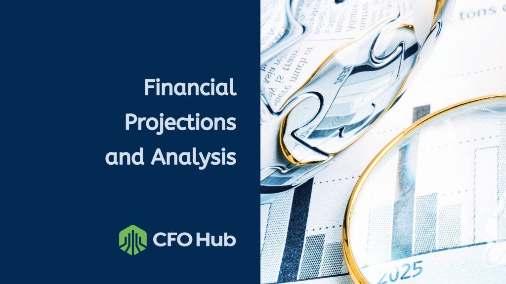 A magnifying glass and a pair of eyeglasses rest on a financial report with charts and graphs. The left side features a dark blue background with the text 
