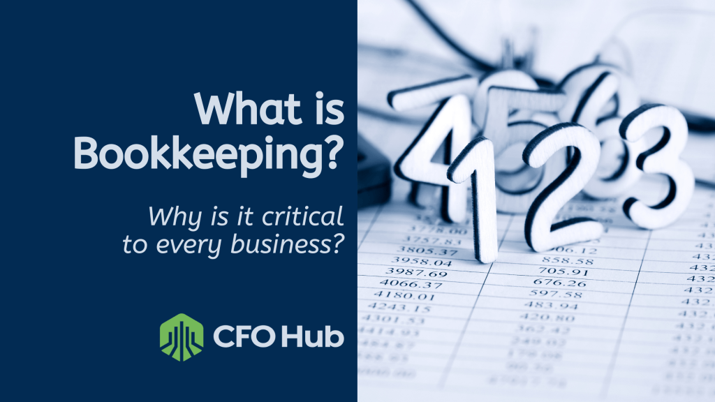 A graphic with the text "What is Bookkeeping? Why is it critical to every business?" on the left side. On the right, large numeral figures (4, 2, 3) rest on a financial document. The CFO Hub logo is at the bottom-left corner.
