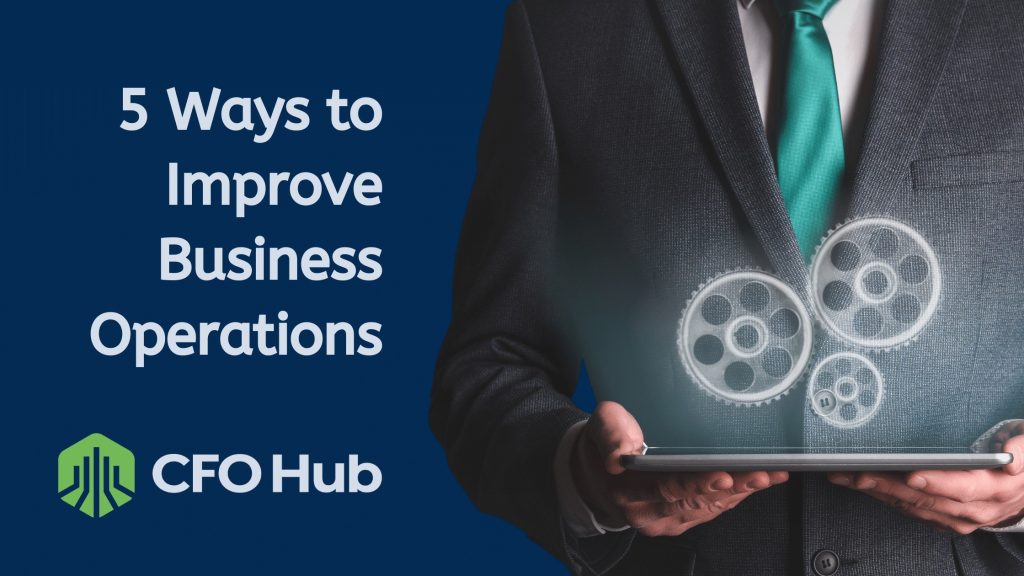 A businessperson wearing a suit and tie holds a tablet with transparent gear icons above it. Text on the left reads, "5 Ways to Improve Business Operations," and the logo and name "CFO Hub" are at the bottom left. The background is a solid blue.