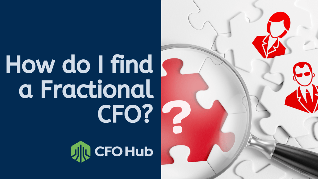 The image features the text "How do I find a Fractional CFO?" next to a magnifying glass highlighting a puzzle piece with a question mark. Red icons of professionals in suits are visible on the puzzle. The CFO Hub logo is in the bottom left corner, emphasizing how to hire fractional CFO experts.