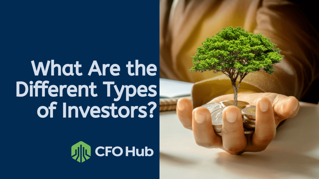 A graphic features the text "What Are the Different Types of Investors?" alongside the CFO Hub logo. The image shows a person's hand holding a small tree growing from a pile of coins, symbolizing investment and growth.