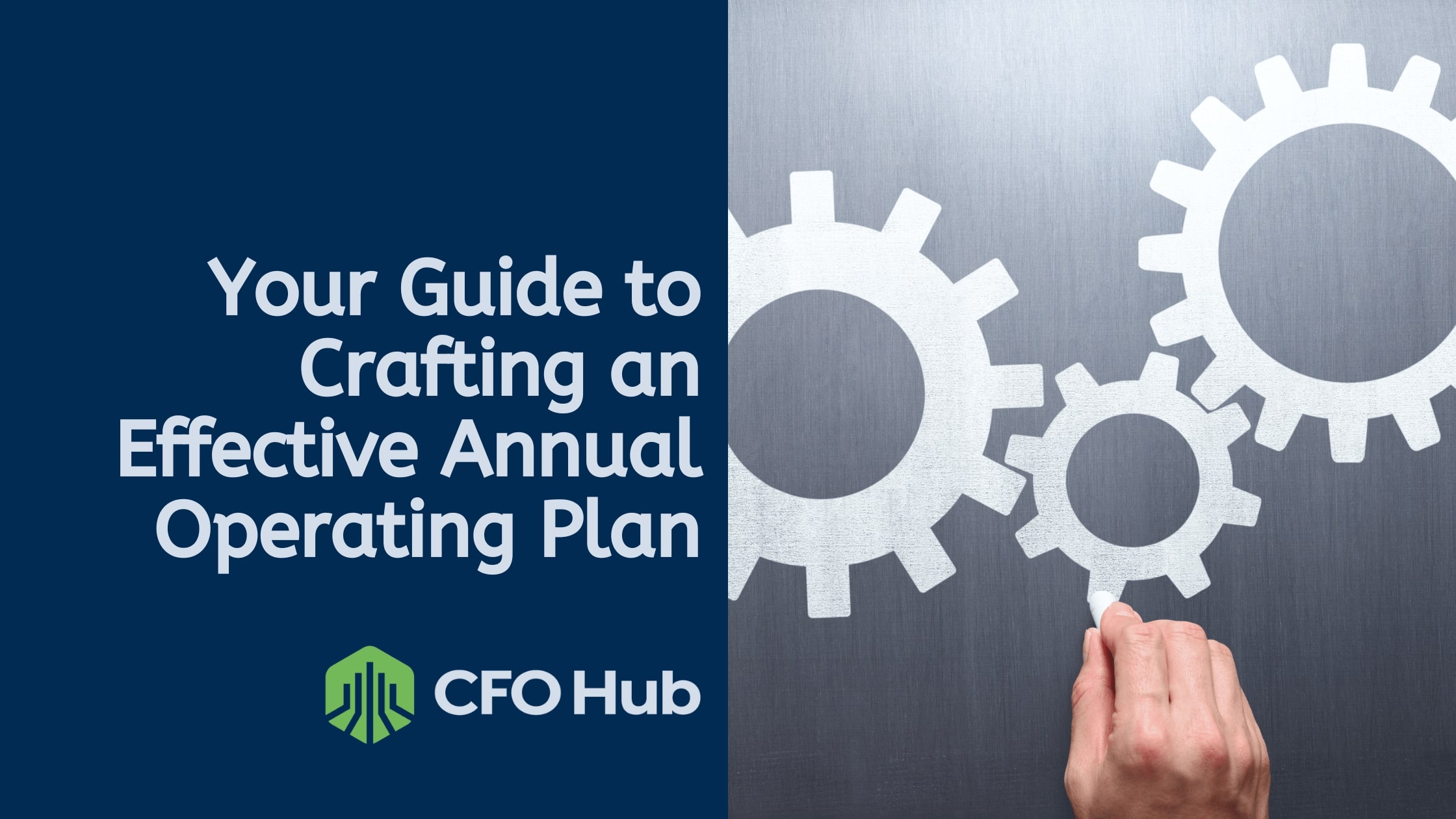 A dark blue background with white text reads, "Your Guide to Crafting an Effective Annual Operating Plan." It features a hand adjusting three interlocking gear icons. The CFO Hub logo appears in the bottom left corner, underscoring the importance of a solid plan.