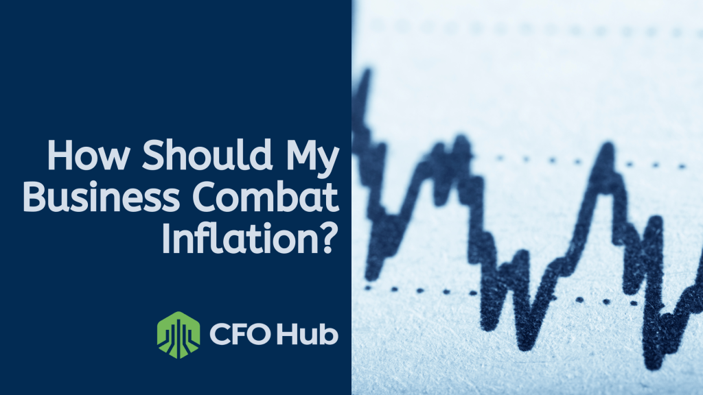 Text reads “How Should My Business Combat Inflation?” next to a line chart with upward and downward fluctuations. The CFO Hub logo, featuring a green emblem and text, is below the title. The background is a mix of dark blue and chart close-up, highlighting effective inflation management strategies.
