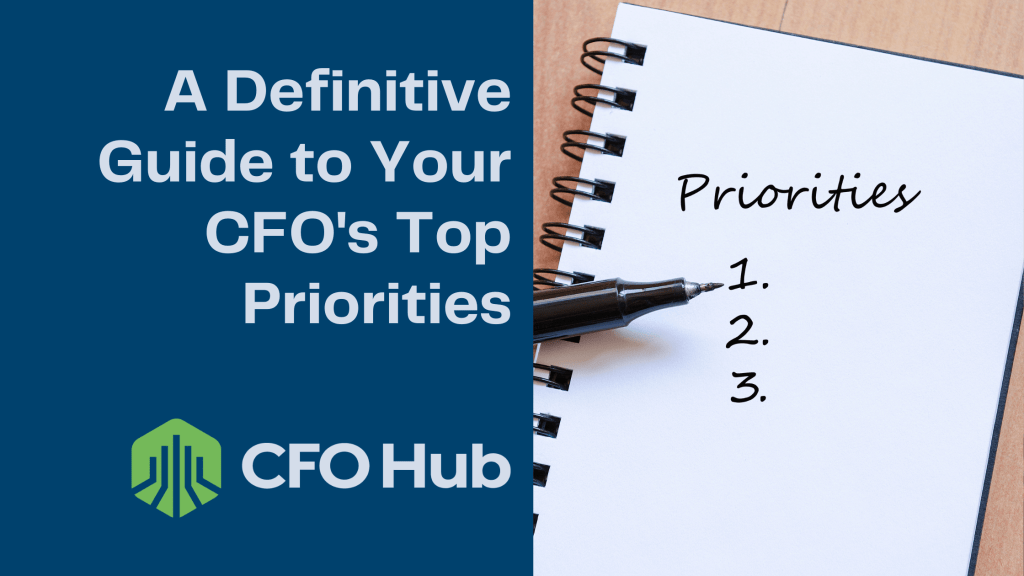 An open spiral notebook on a wooden surface with the heading "Priorities" and a numbered list from 1 to 3. Next to the notebook is text reading "A Definitive Guide to Your CFO's Top Priorities" and the logo for CFO Hub, encapsulating essential CFO priorities in a clear, concise format.