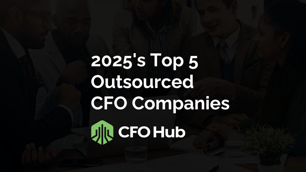 A Group Of Professionals In Business Attire Discusses Over A Table, With The Text "2025's Top 5 Outsourced Cfo Companies" And "cfo Hub" Showcased Prominently.