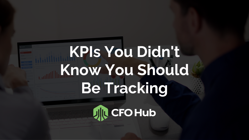 Two individuals are looking at a laptop displaying various charts and graphs, with the text "Important KPIs You Didn't Know You Should Be Tracking" and the logo "CFO Hub" overlaid in the center.