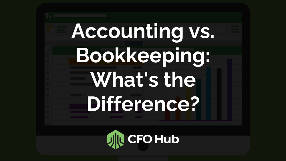 Image shows a computer monitor with the text "Accounting vs. Bookkeeping: What's the Difference?" displayed on the screen. In the background, a blurred spreadsheet is visible. The logo "CFO Hub" appears at the bottom alongside a green building icon, emphasizing expertise in financial services.