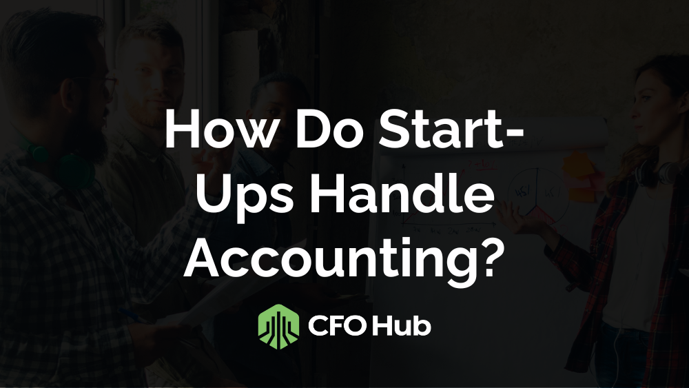 A group stands near a presentation board with the text "How Do Start-Ups Handle Accounting?" displayed prominently in the center. Below the text, there's a logo and the words "CFO Hub." The background reveals a dimly lit room with people engaged in discussion about start-ups.