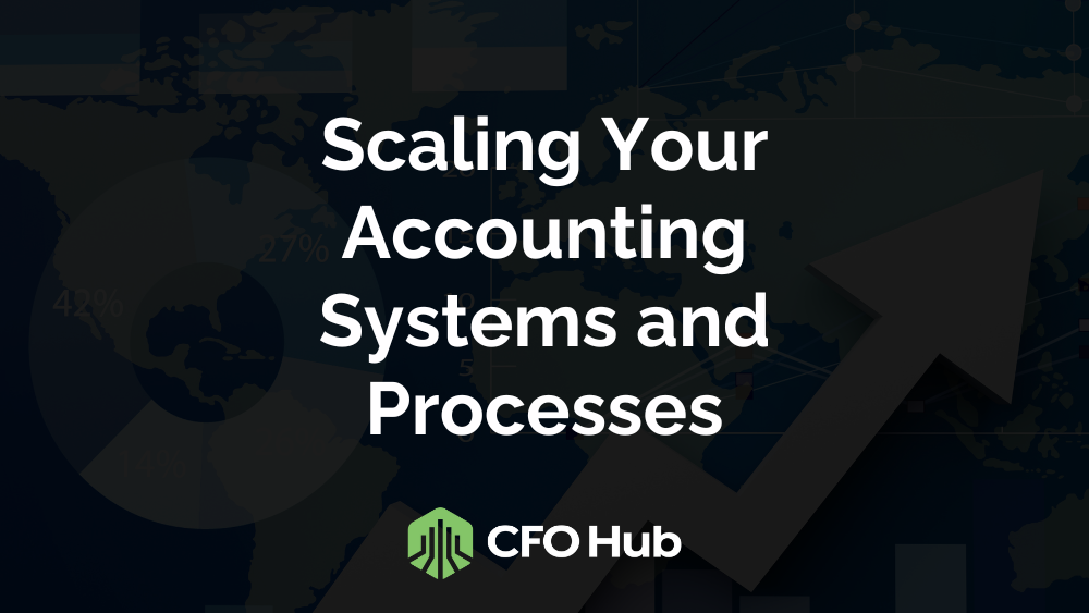 Dark-themed background with a faint world map, graphs, and charts. Overlaid white text reads, "Scaling Your Accounting Systems and Processes." At the bottom, a green shield-like logo and the text "CFO Hub" are visible.
