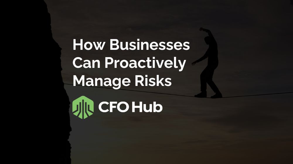 A silhouette of a person walking on a tightrope between two rock formations at sunset, paired with the text "How Businesses Can Proactively Manage Risks" and the logo for "CFO Hub.