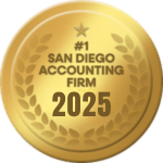 Gold Medal With Laurel Wreath Design, Featuring A Star At The Top And The Text: "#1 San Diego Accounting Firm 2025" In Bold.