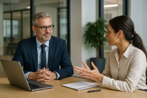 CFOs Discussing Financial Models in an office with a Laptop on the desk